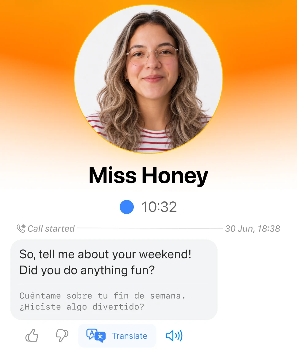 tellem AI tutor Miss Honey with an English conversation prompt about the weekend